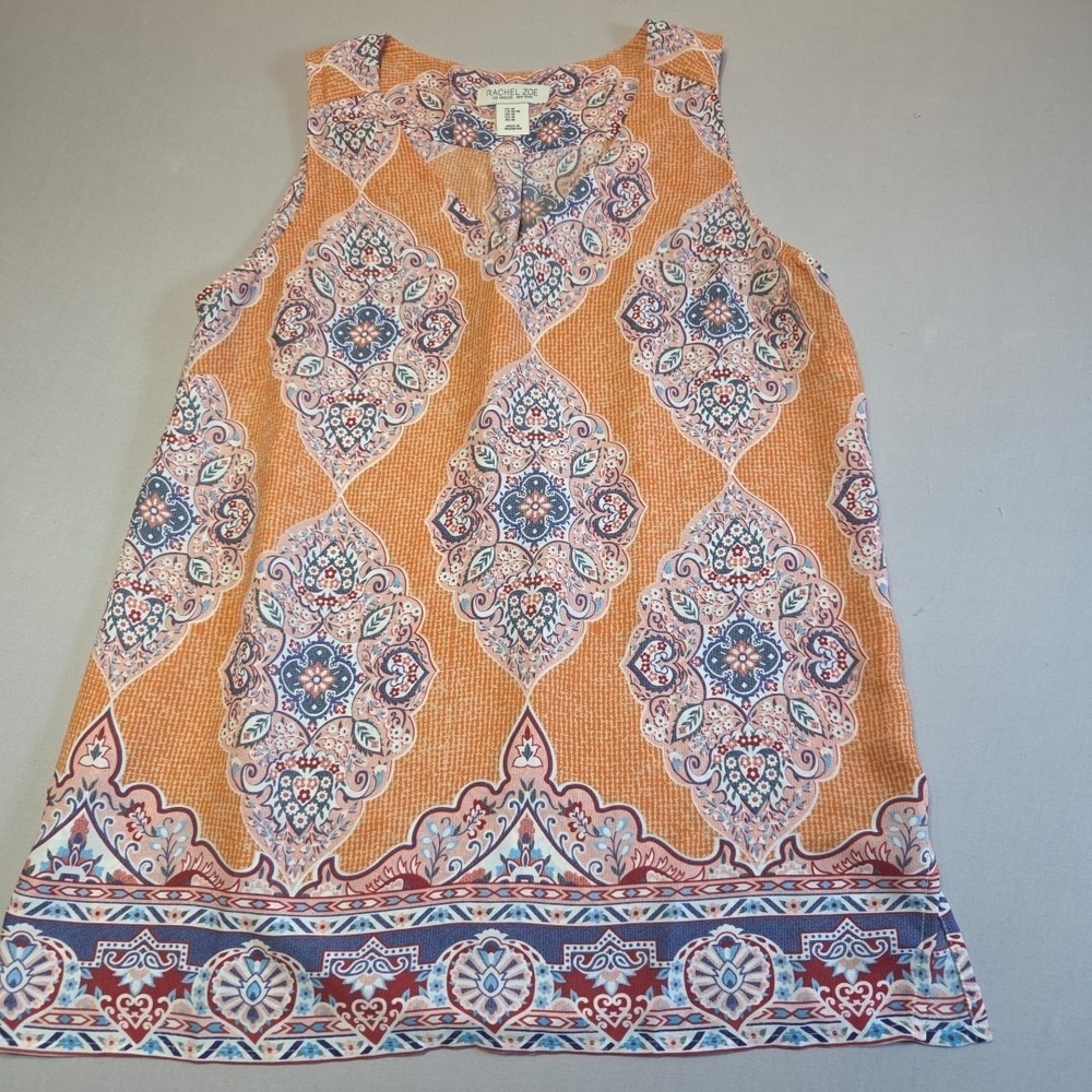 Rachel Zoe Womens Medium Sleeveless Boho Blouse Orange Medallion Print Tank Top - Picture 2 of 9